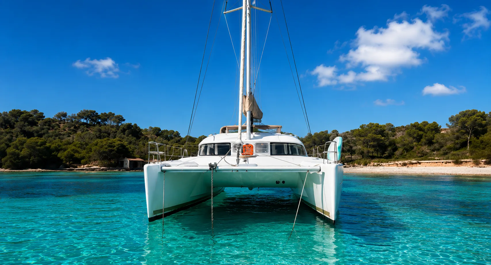 Lagoon 380 Blu Horizonte in una baia di Ibiza con acqua turchese